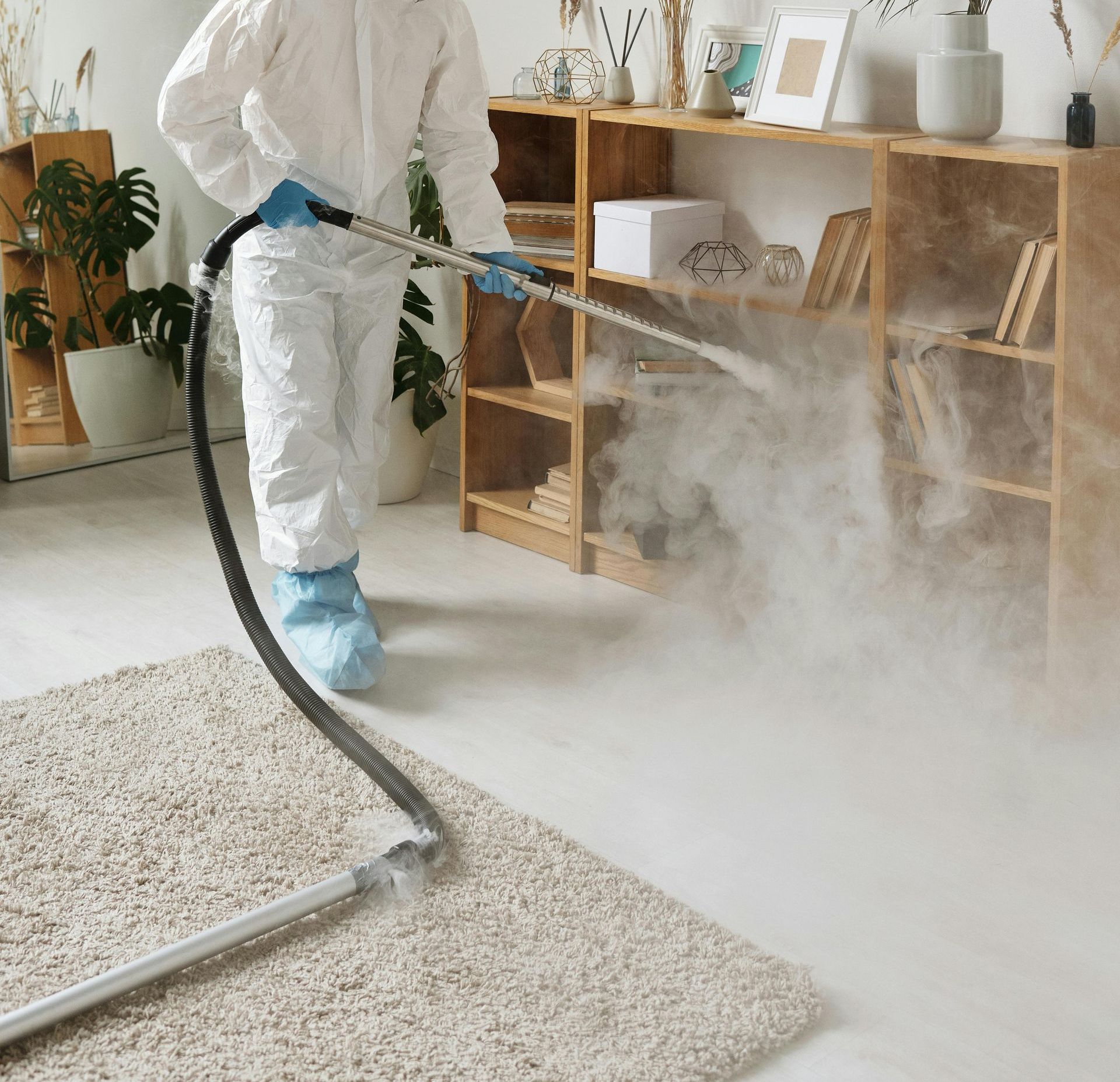 A man in a white suit is spraying a carpet with a hose