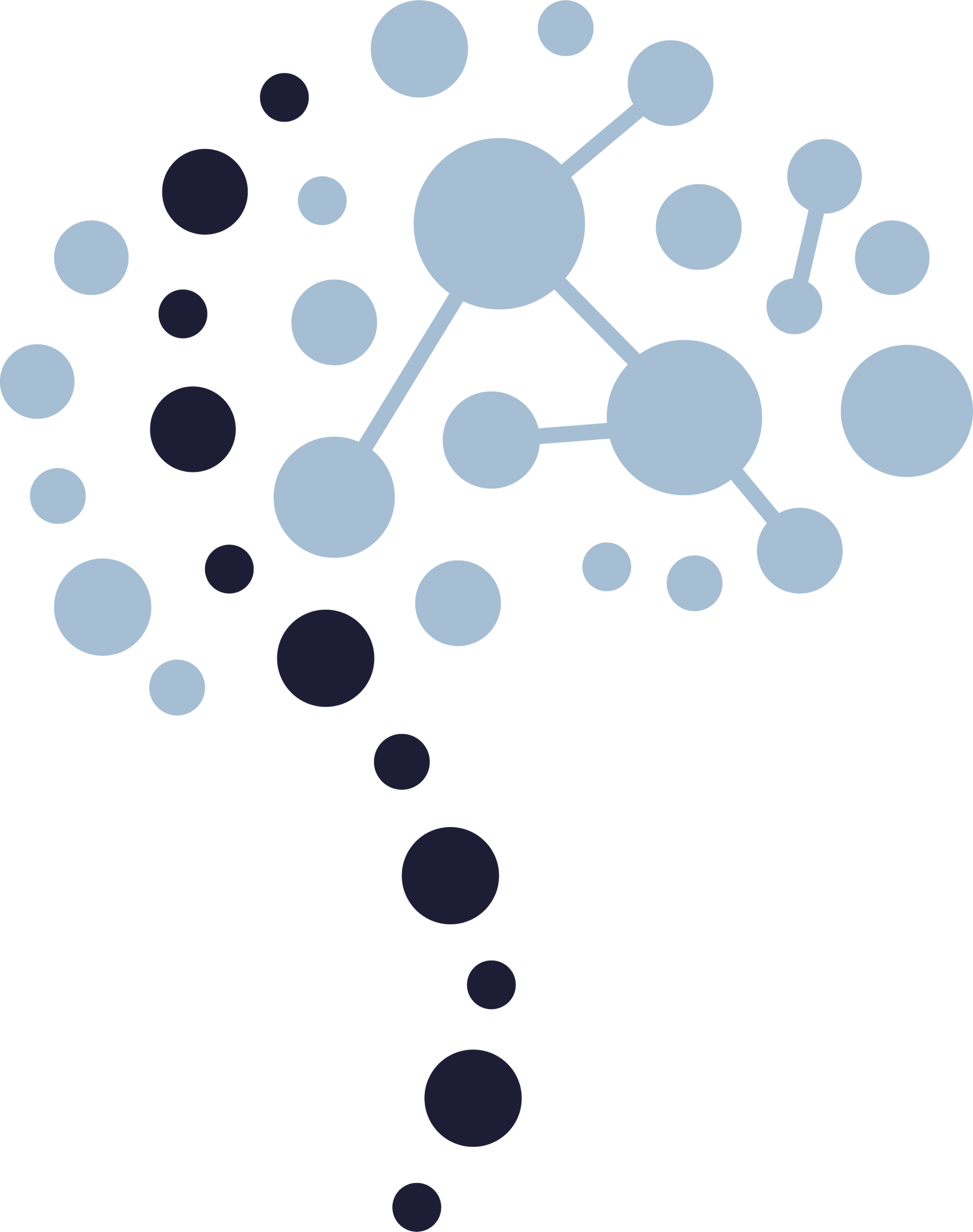 Gráfico de um cérebro com círculos azuis e pretos interligados.