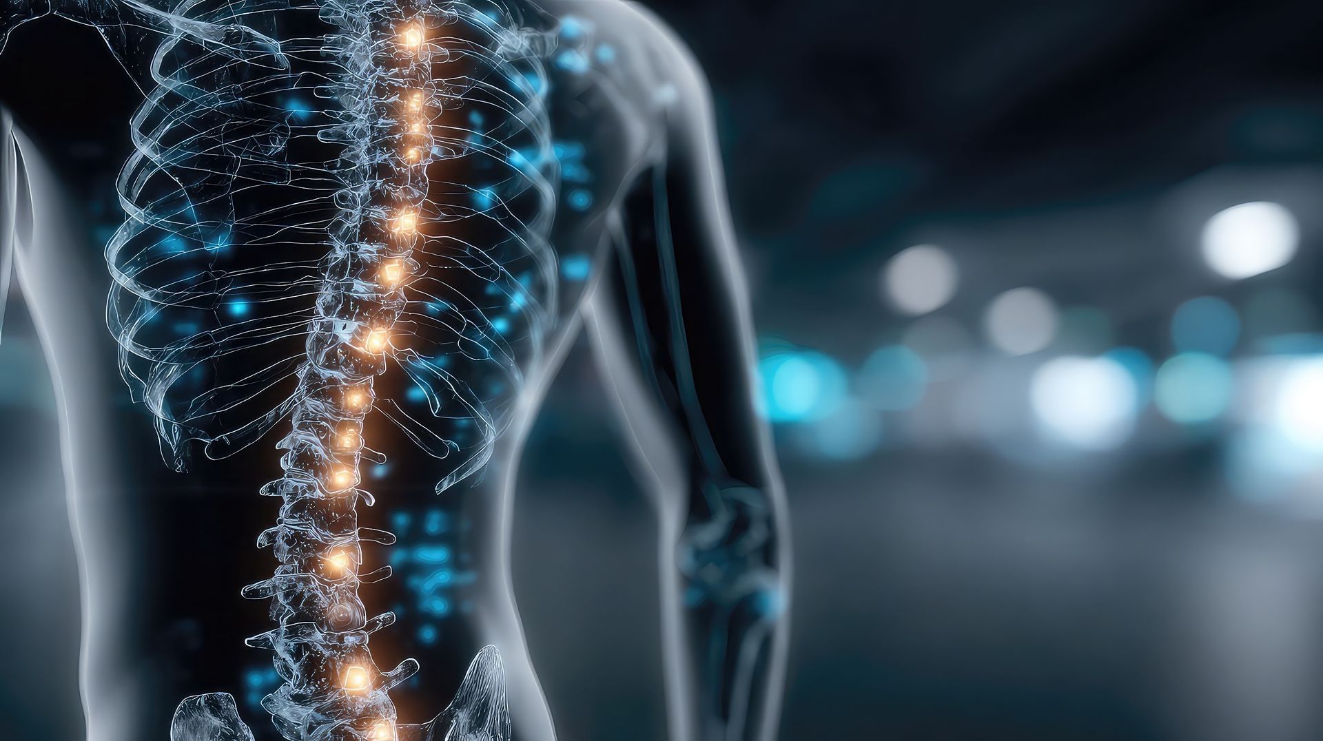 Ilustração anatômica de um torso humano mostrando uma coluna vertebral brilhante com destaques azuis em forma de nódulos.