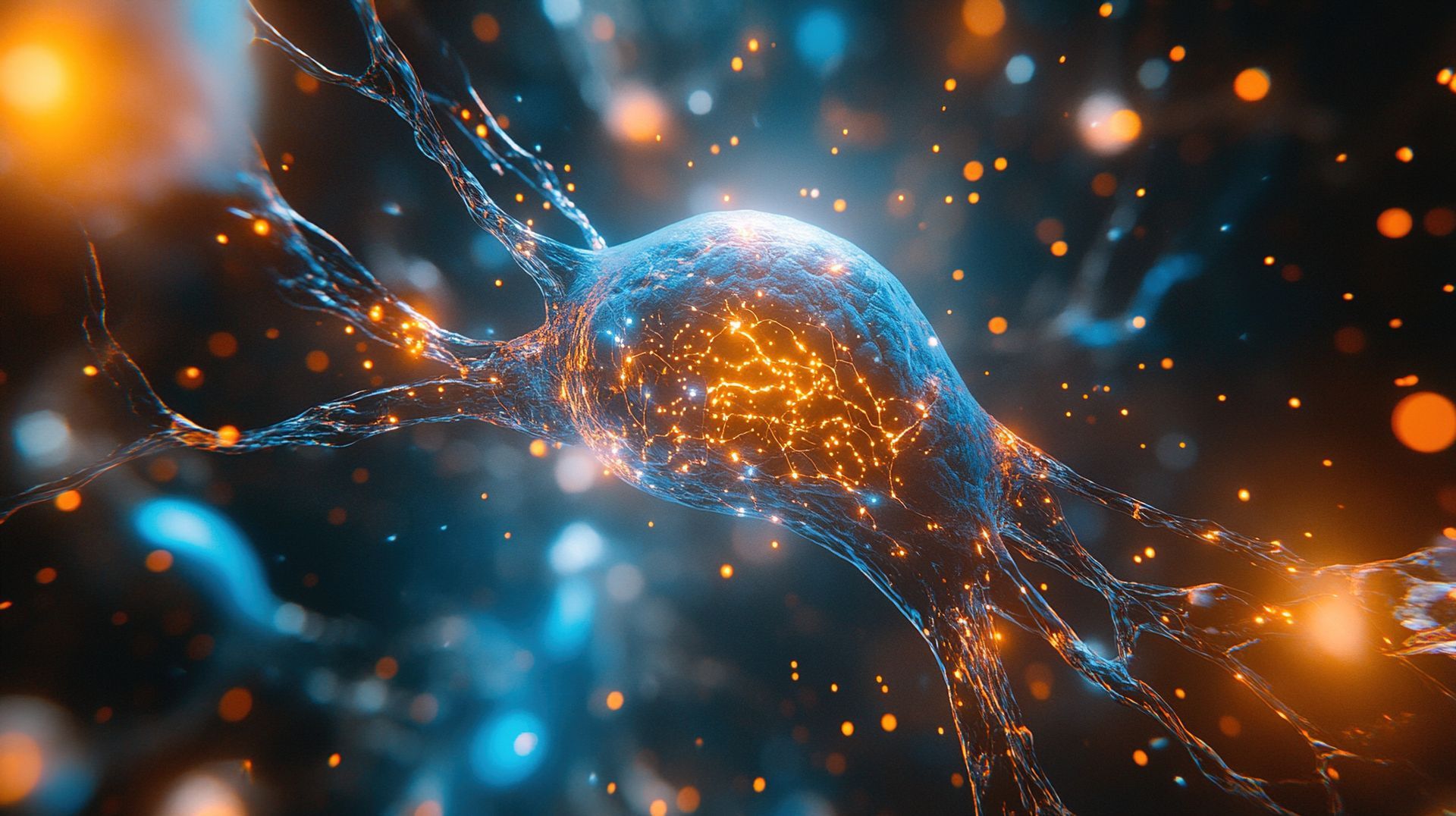 Neurônio brilhante com fibras ramificadas e partículas vibrantes em tons de laranja e azul.