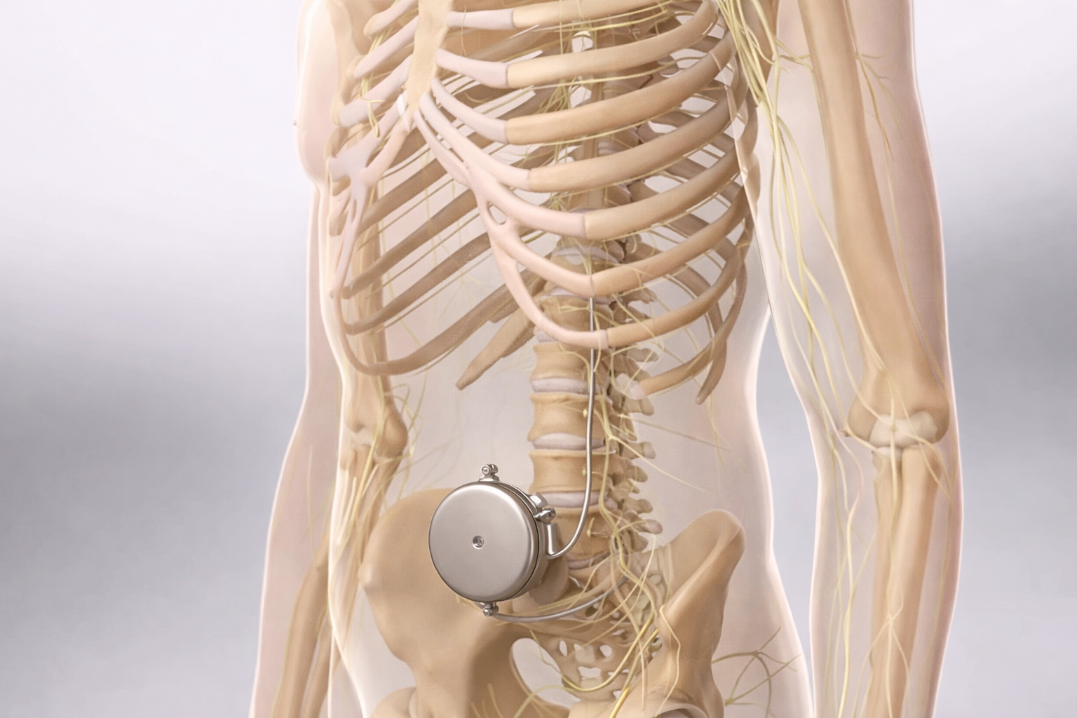 Ilustração médica de um estimulador da medula espinhal implantado na região abdominal,