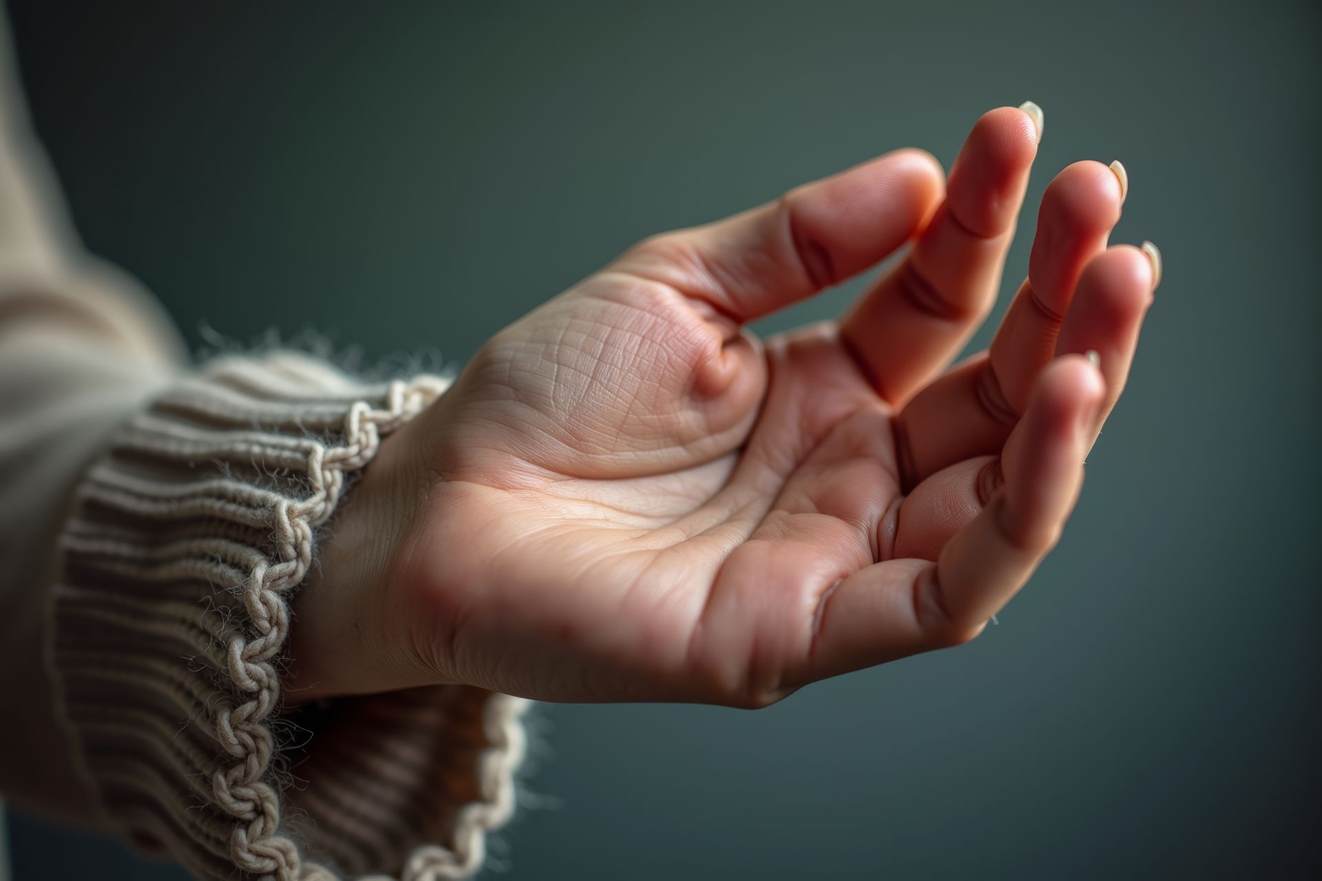 Mão aberta, com a palma voltada para cima, mostrando os nós dos dedos, repousando perto da manga de um suéter bege.