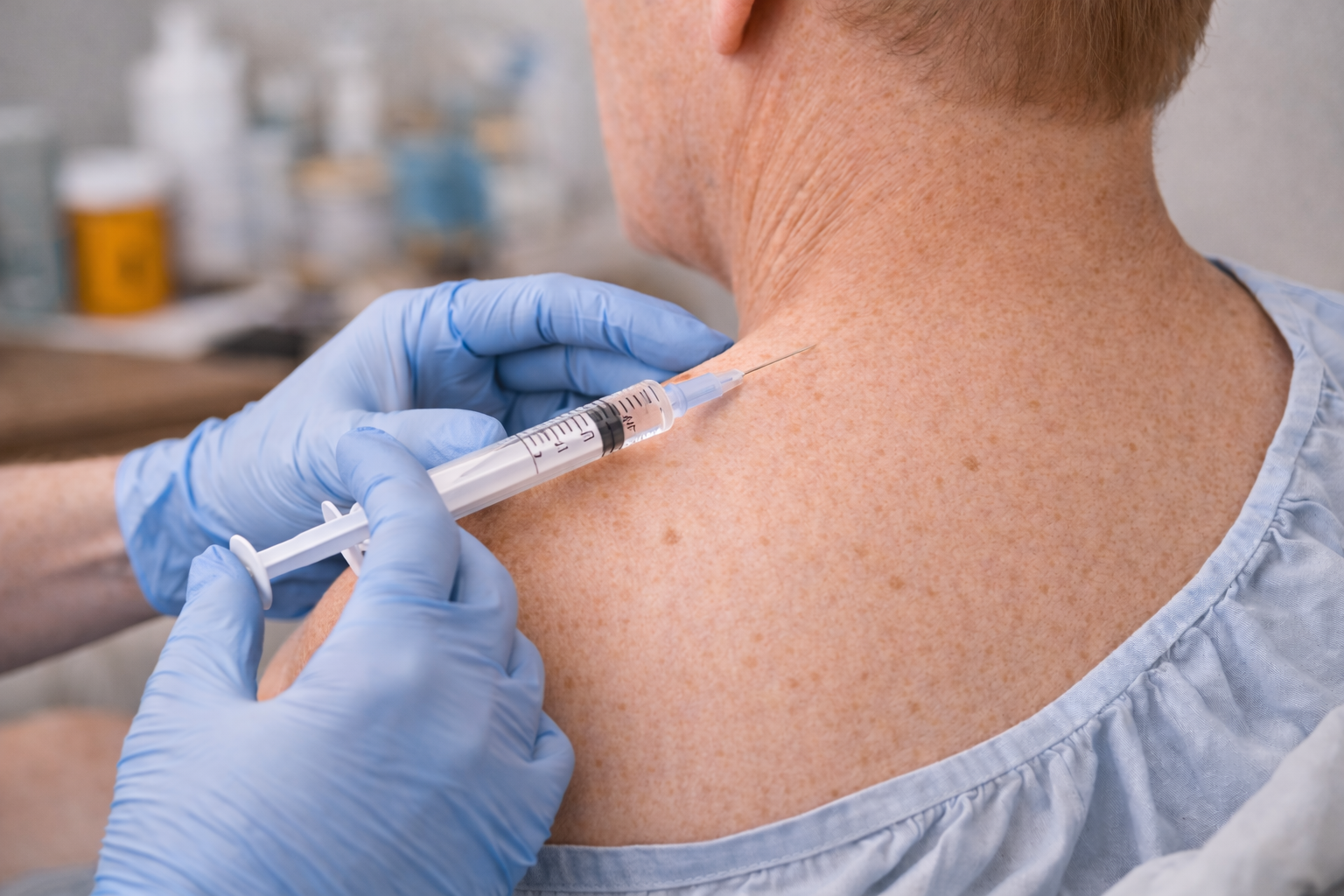 Pessoa recebendo uma injeção no ombro; profissional de saúde com luvas azuis administra a vacina.