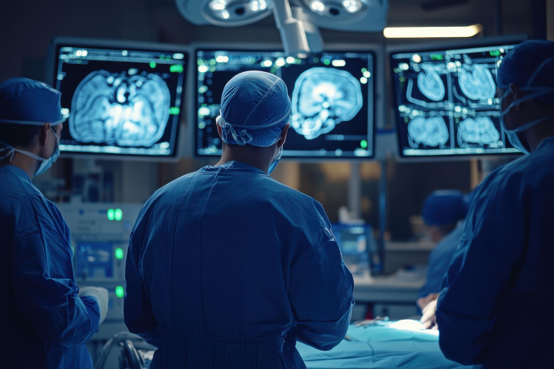 Equipe médica de uniforme azul, sala de cirurgia, analisando exames de pacientes em monitores.