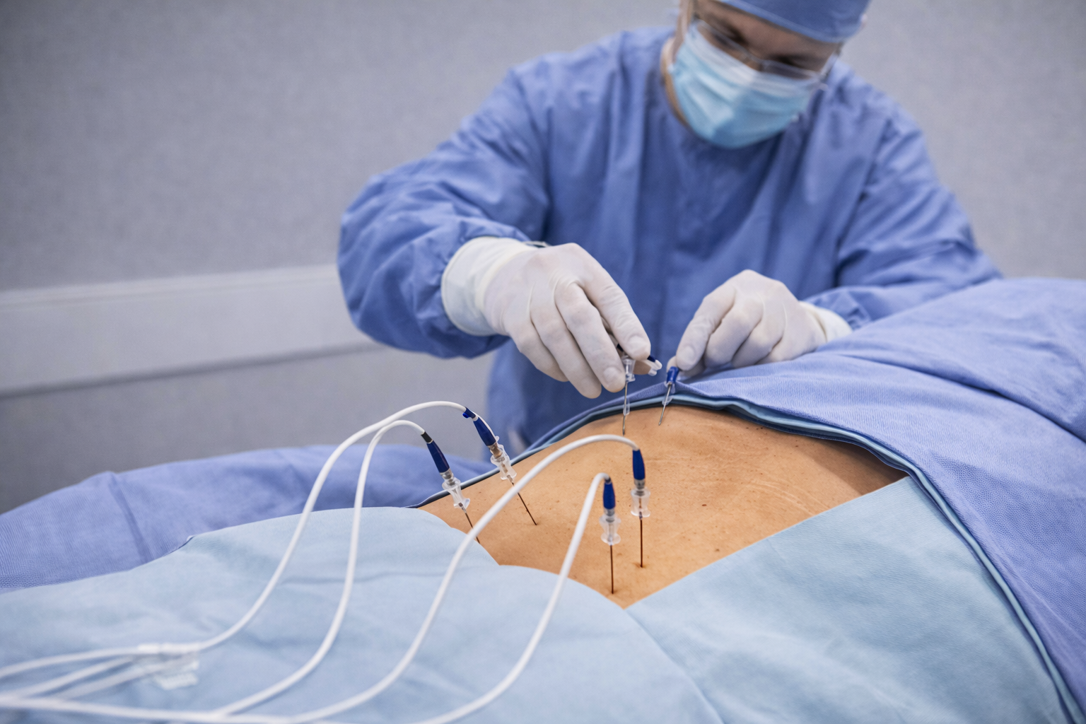 Cirurgião de uniforme azul insere agulhas nas costas de um paciente, em ambiente cirúrgico.
