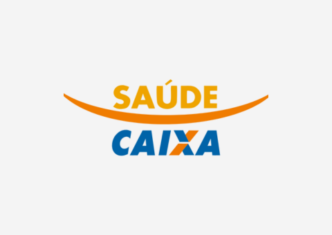 Logotipo da SAÚDE CAIXA com um sorriso laranja sobre o texto azul.