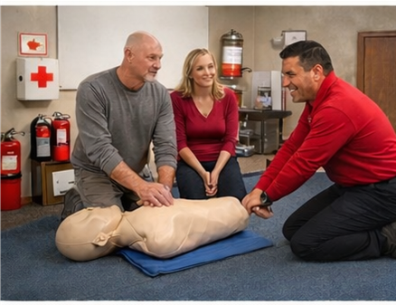 People in a first aid class practice CPR on a mannequin.