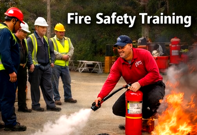Person's hand grips handle of a red fire extinguisher, ready for use.