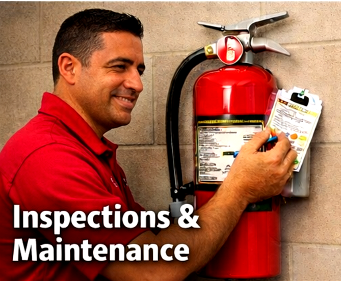 Person holding a red fire extinguisher on a shelf.