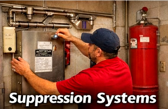 Stainless steel commercial kitchen hood with fire suppression nozzles.