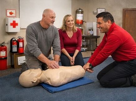 Man in blue scrubs performing CPR on a mannequin, Man in blue scrubs performing CPR on a mannequin,