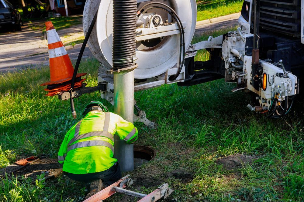 A man is kneeling in the grass next to a vacuum truck.