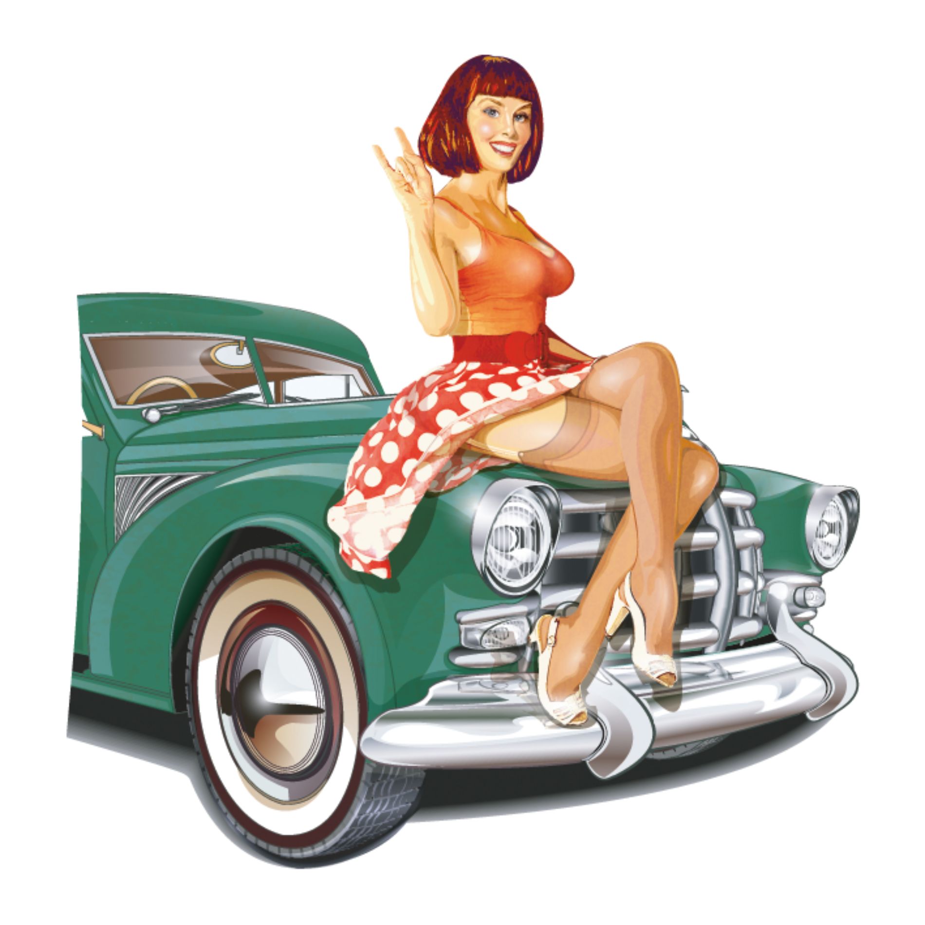 Illustrazione di ragazza pin-up su auto d'epoca