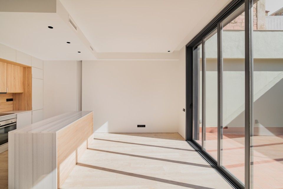 A sliding door in a room.