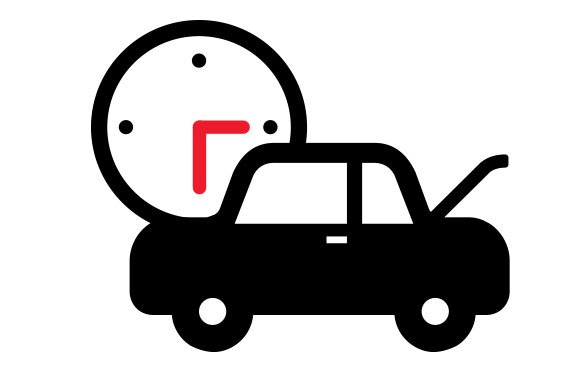 A car with its trunk open and a clock behind it.