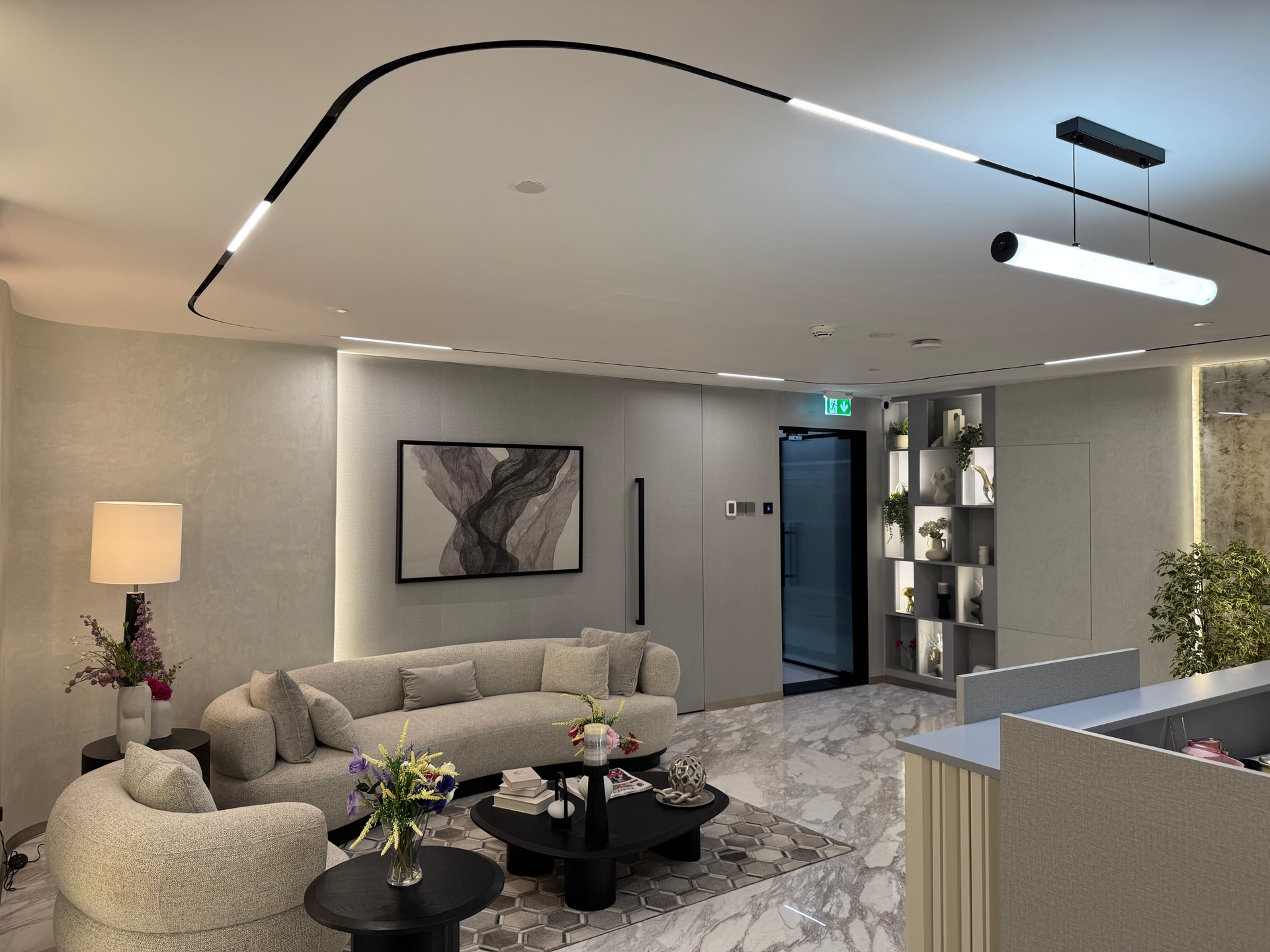 Sadeem Lighting team installing modern indoor and outdoor lights at HDS Tower