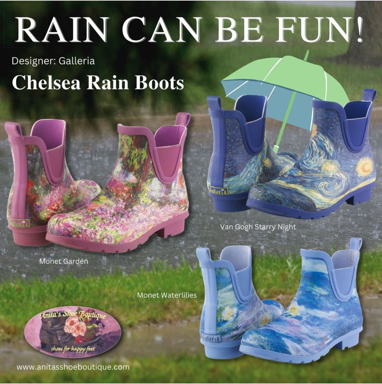 Social Media post for Anita's Shoe Boutique in Acton, MA. Showing colorful, ankle-high rain boots.