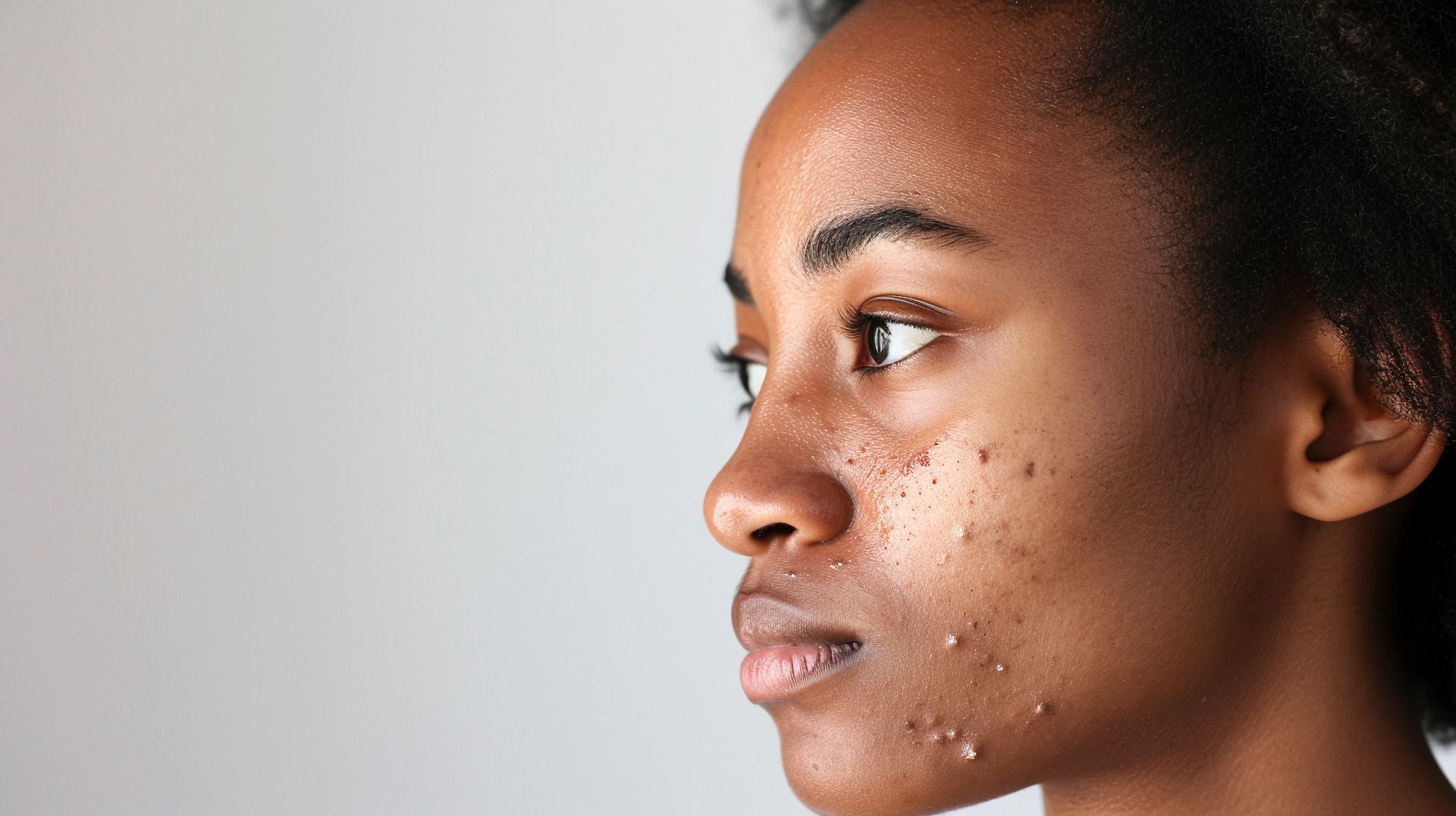 A close up of a woman 's face with acne on it.