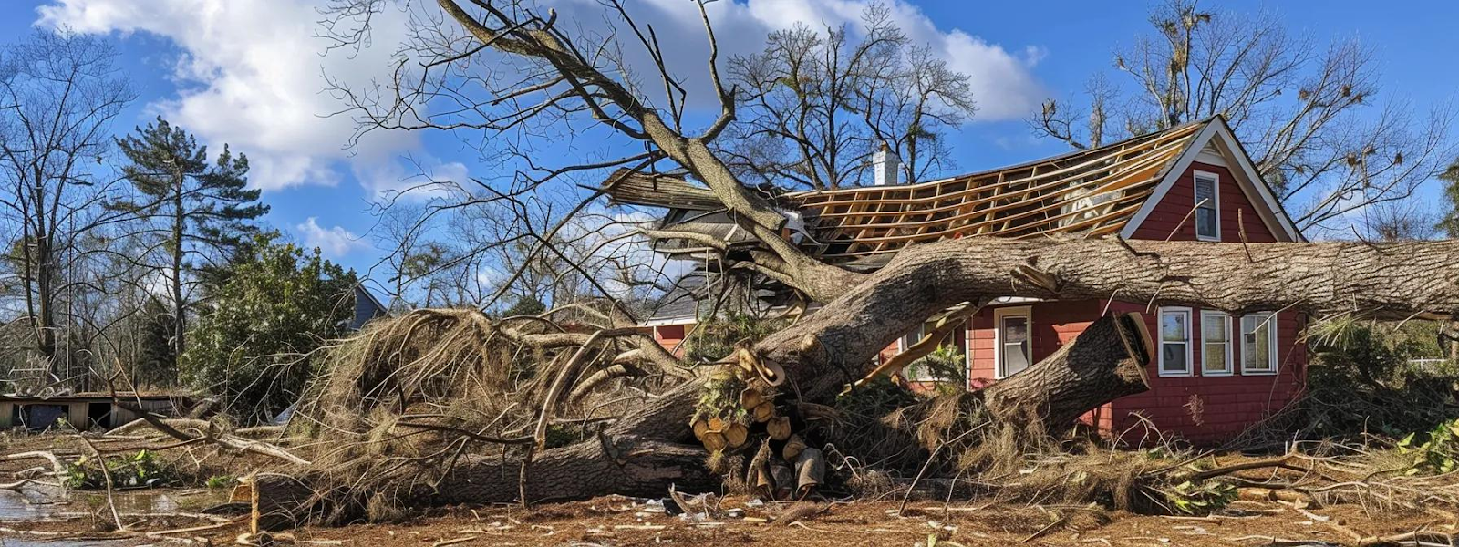 A red house with significant roof damage, a large fallen tree covers much of the building, debris scattered around.