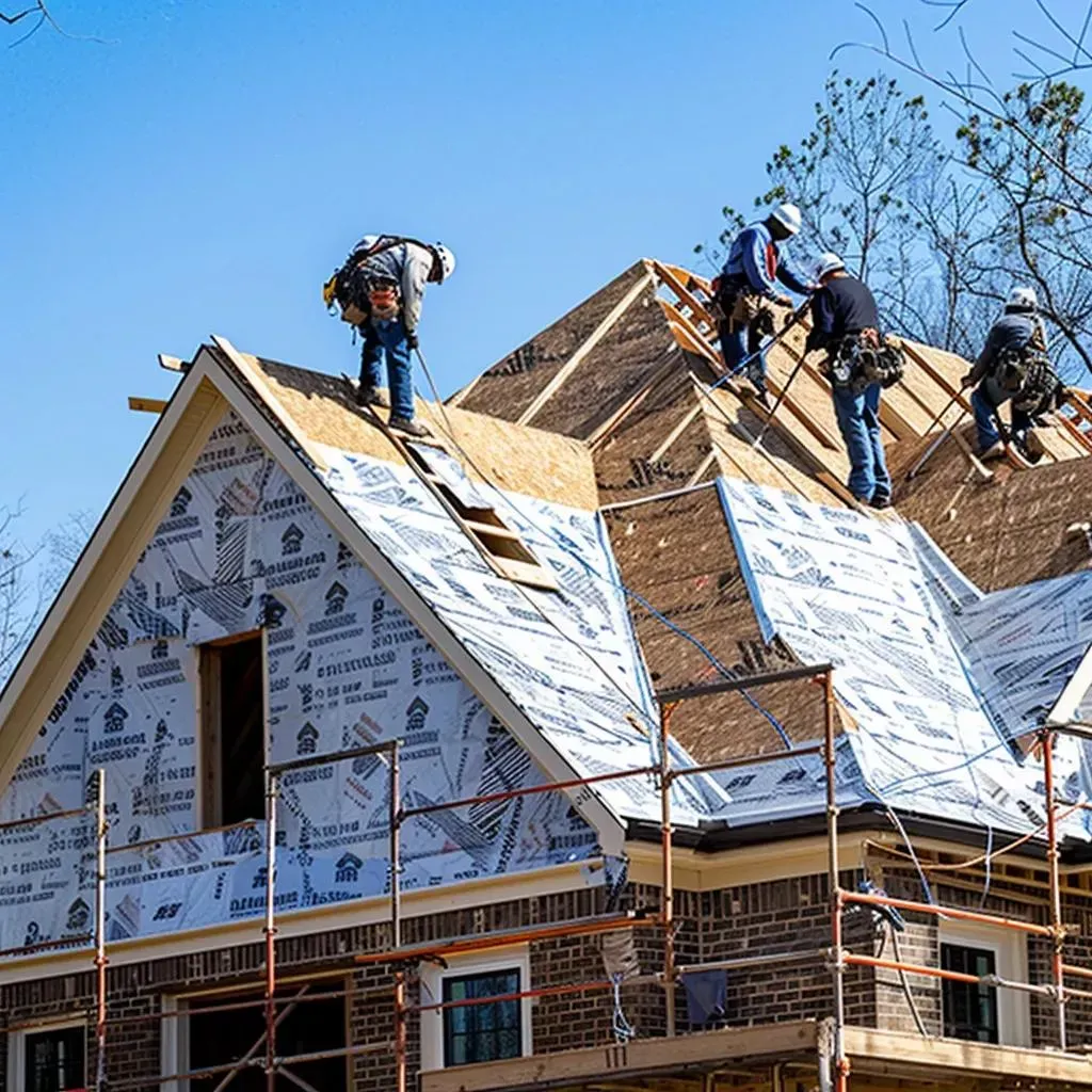 Construction workers installing roof shingles on a house under a blue sky.