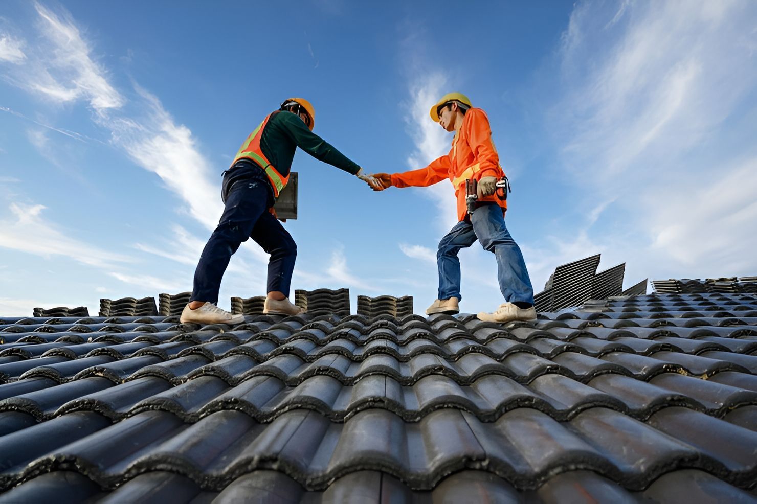 Two construction workers are shaking hands on top of a roof.