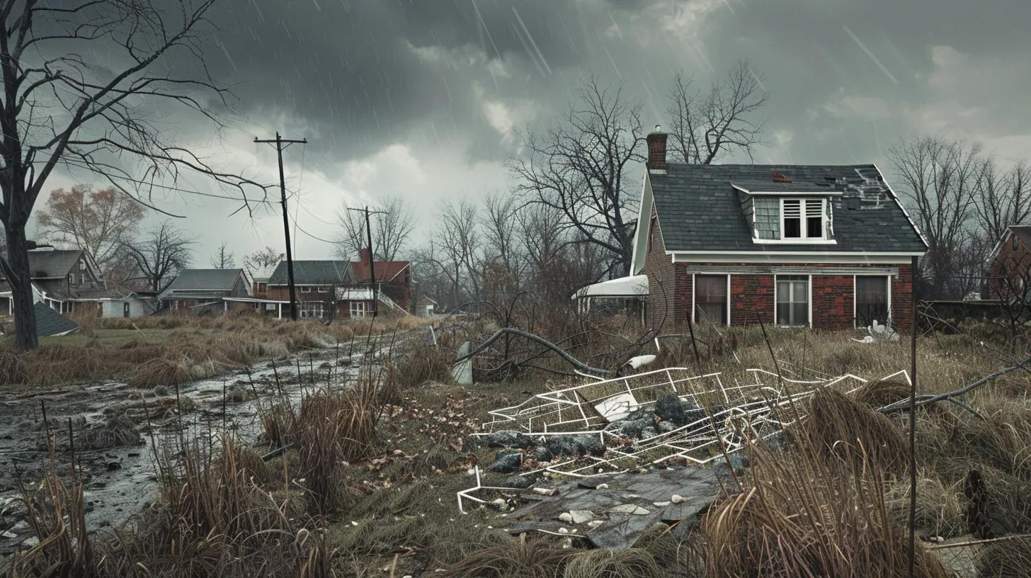 A brick house stands in a desolate, muddy, and overgrown landscape under a dark, stormy sky.