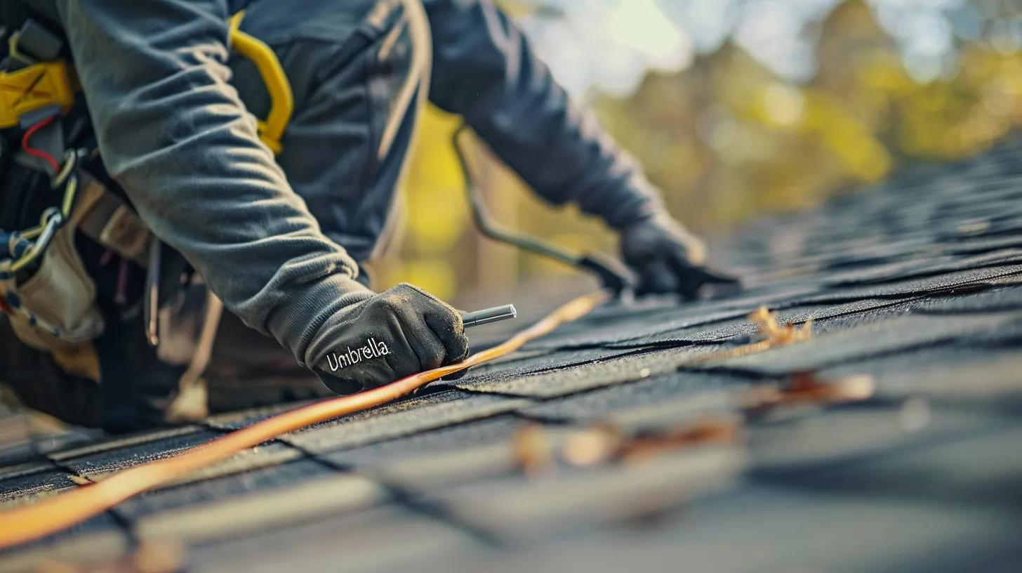 Worker installing shingles on a rooftop with a hammer and measuring tape