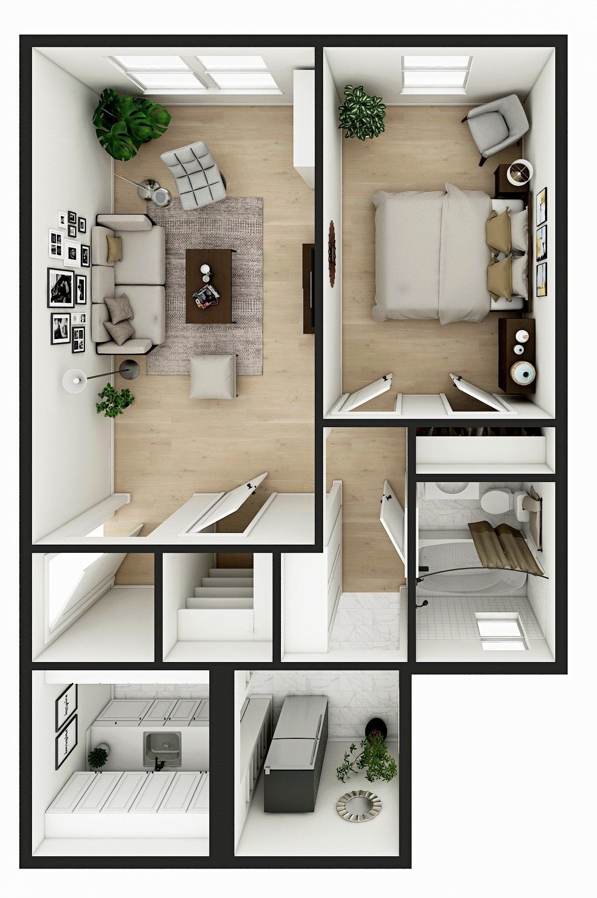 Floor plan of a two-story house with a living room, bedroom, bathroom, and laundry area.