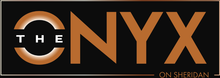 Logo for "The Onyx" apartments on Sheridan. Brown text on a black background.
