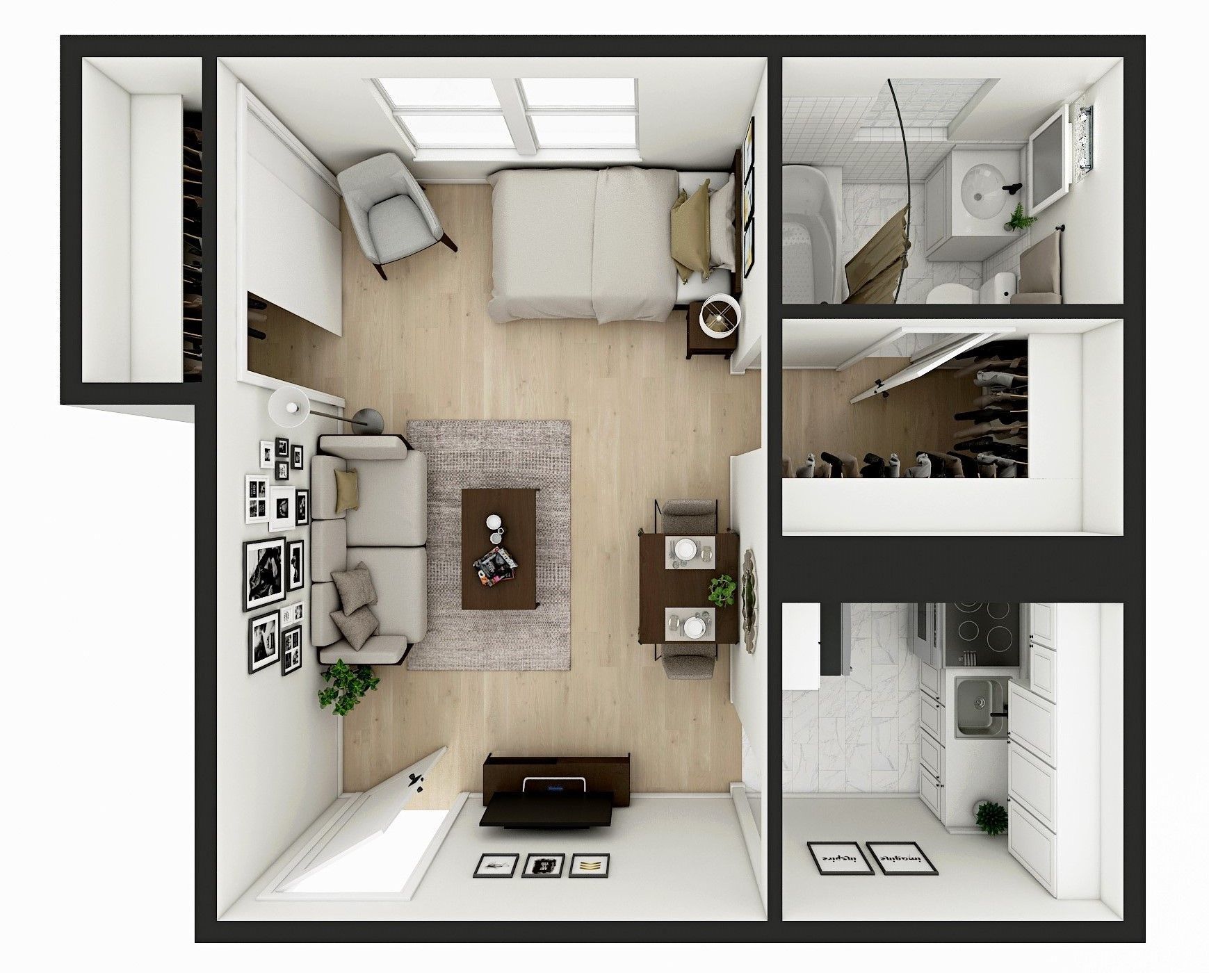 Top-down view of a small apartment with bedroom, living room, bathroom, and kitchen; light wood floors.