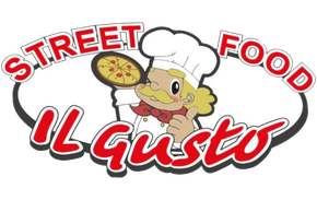 un logo per lo street food il gusto con uno chef che tiene in mano una pizza