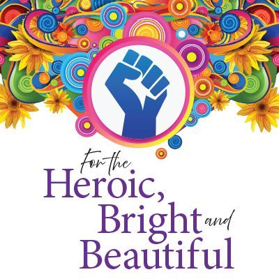 Blue fist in a circle, atop a colorful floral design. Text reads,