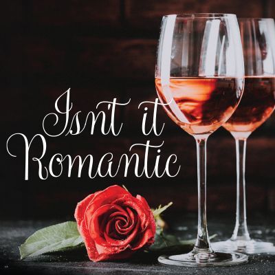 Two glasses of rose wine with a red rose on a dark surface, text “Isn't it Romantic”. Jazz Band Concert.