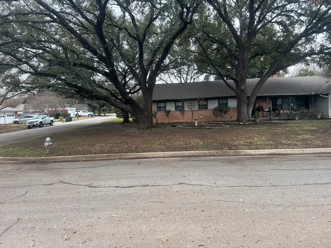 Suburban house with two large trees in front. Cloudy day, street view.