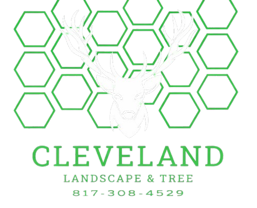 Green and white logo for Cleveland Landscape & Tree with a deer silhouette and honeycomb background.