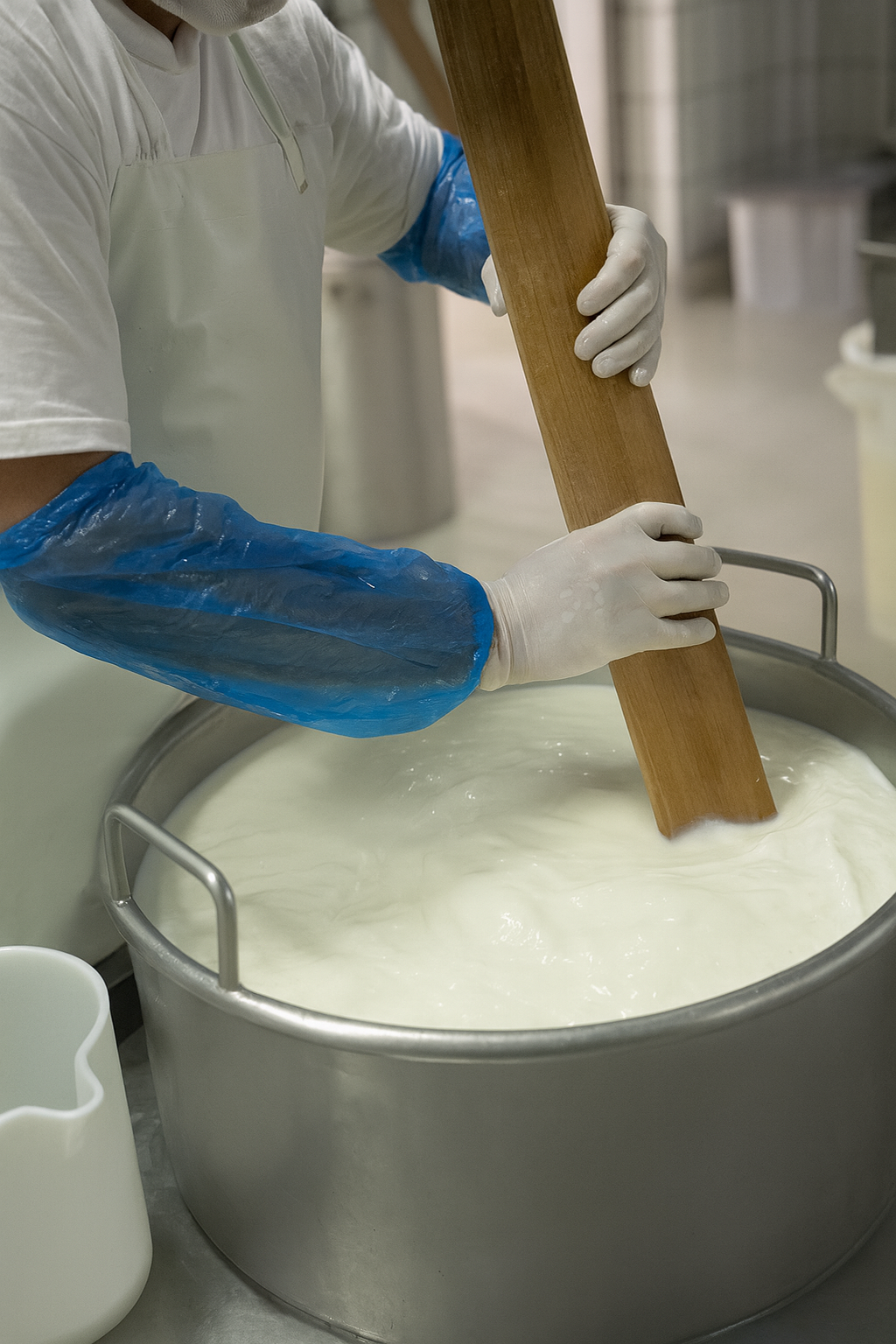 Persona che mescola il latte in una grande vasca di metallo con una paletta di legno. Indossa guanti e maniche protettive.