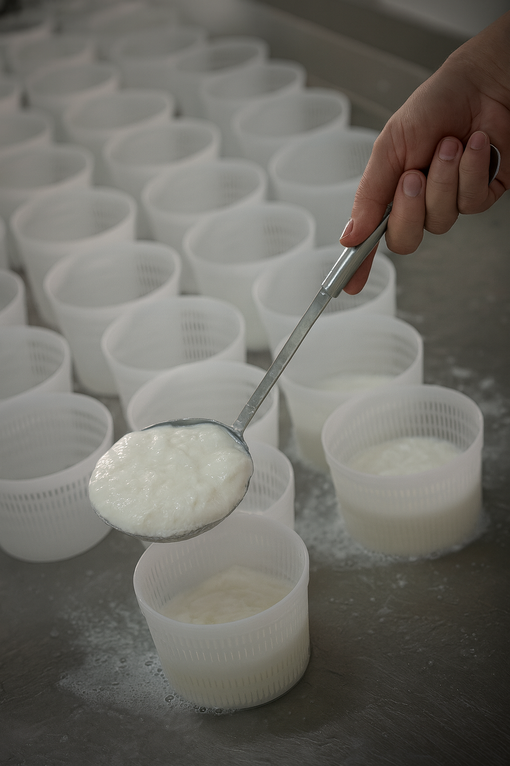 Riempimento manuale degli stampi per formaggio con cagliata bianca, utilizzando un mestolo in una cucina commerciale.