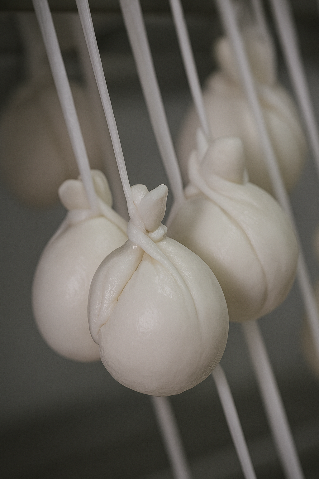 Burrata bianca a forma di sacchetto, appesa con delle corde in un ambiente fresco e al chiuso.