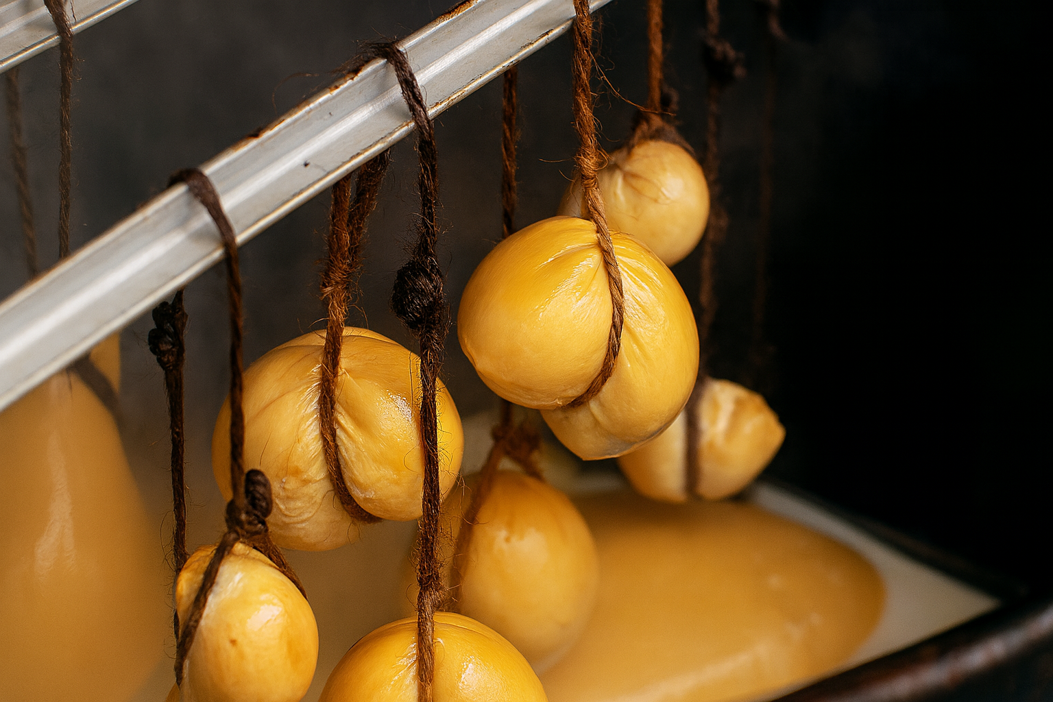 Palline di formaggio affumicato appese a dei fili in un affumicatore.