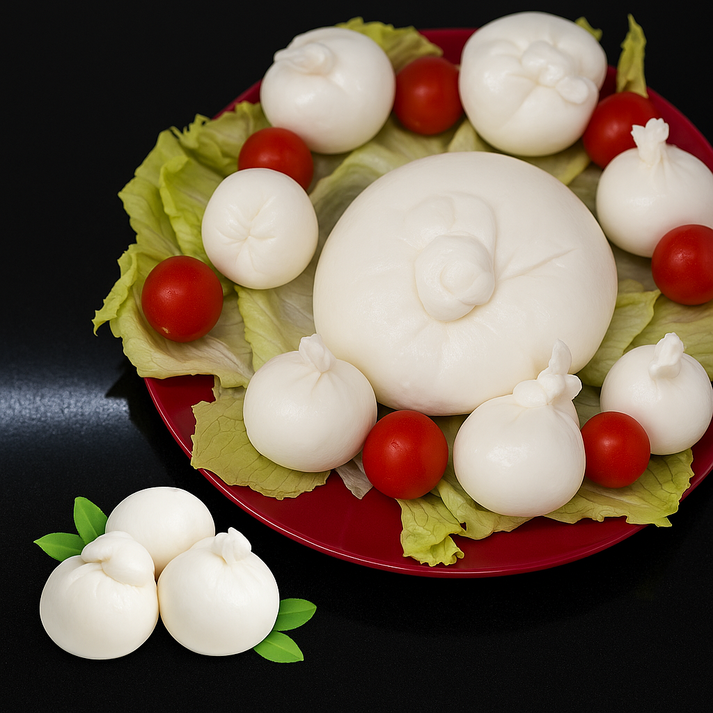 Palline di burrata e pomodorini su un piatto rosso con lattuga, su sfondo nero.