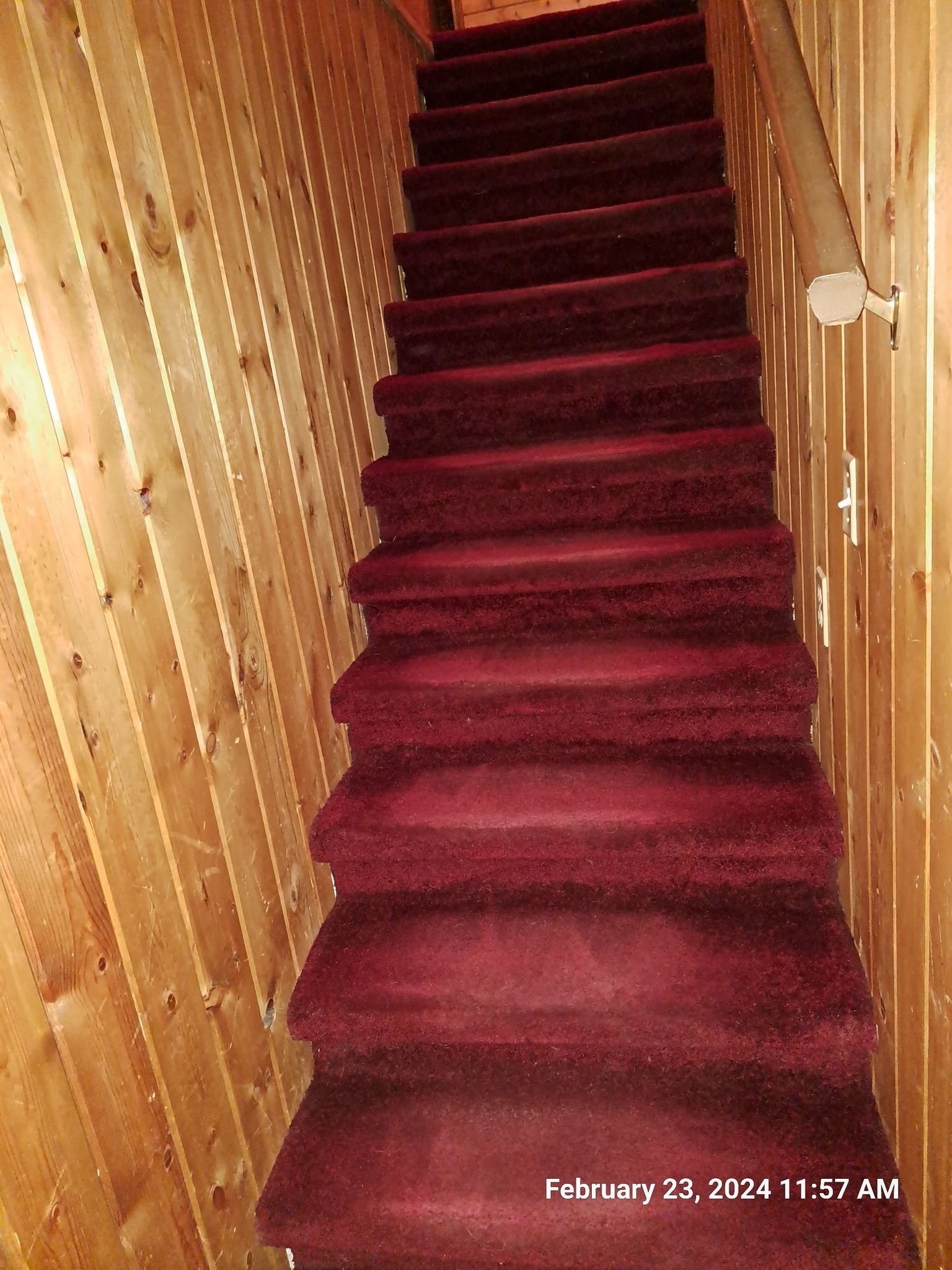 A staircase with red carpet and wooden walls