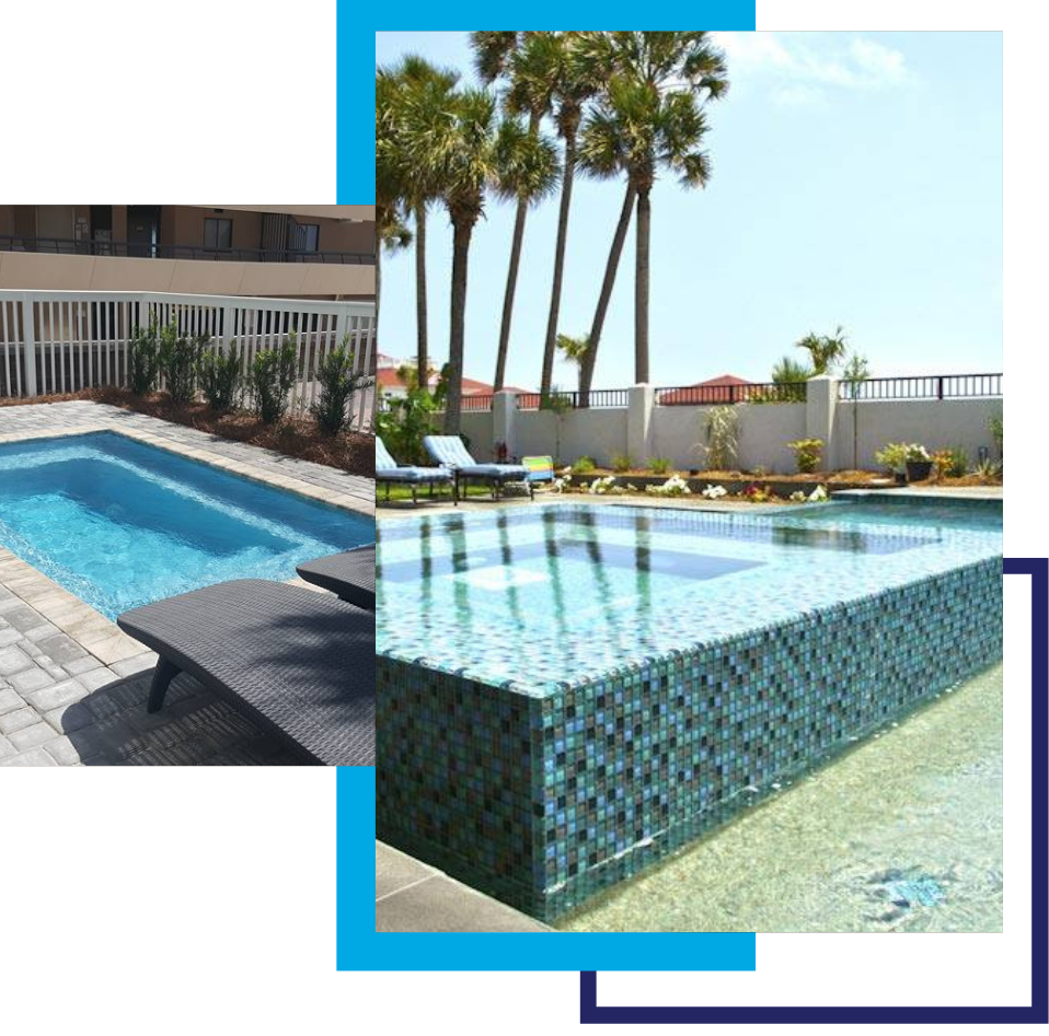 A picture of a swimming pool with palm trees in the background