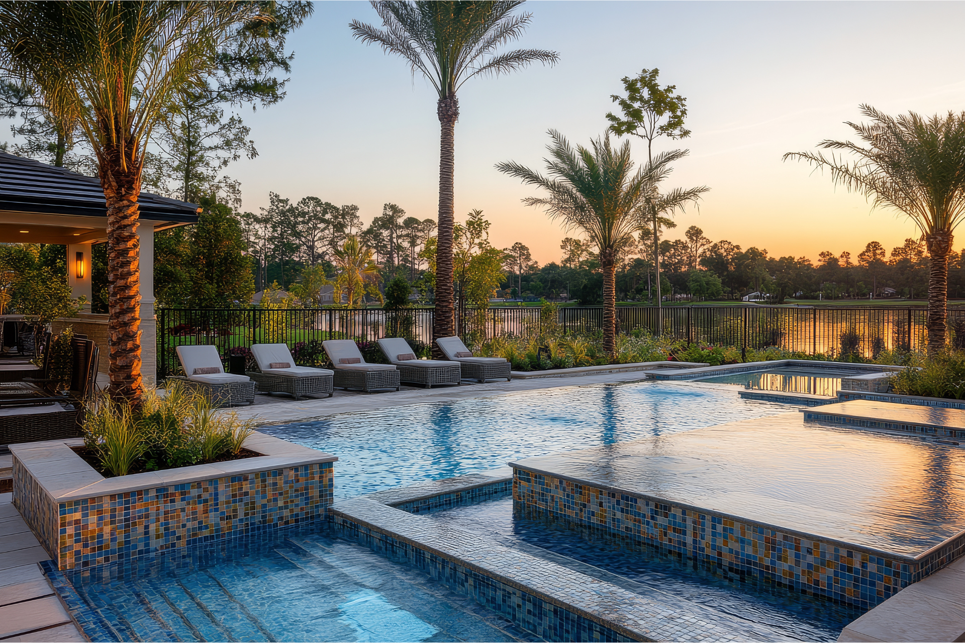 A large swimming pool surrounded by palm trees and chairs.