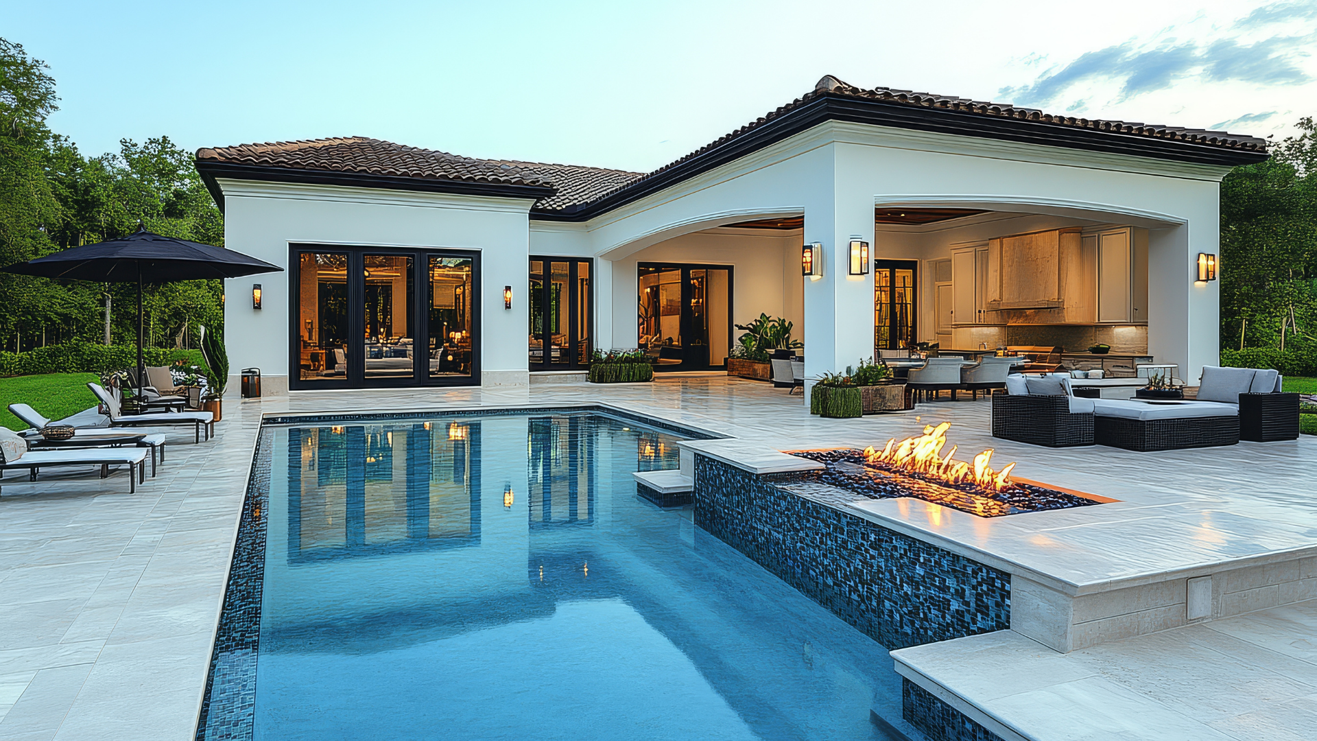 A large house with a swimming pool and a fire pit
