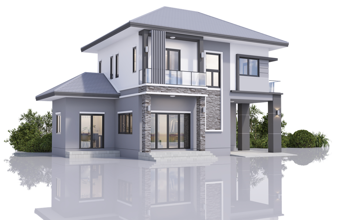 Modern two-story house with gray and white exterior, balcony, and reflecting surface.