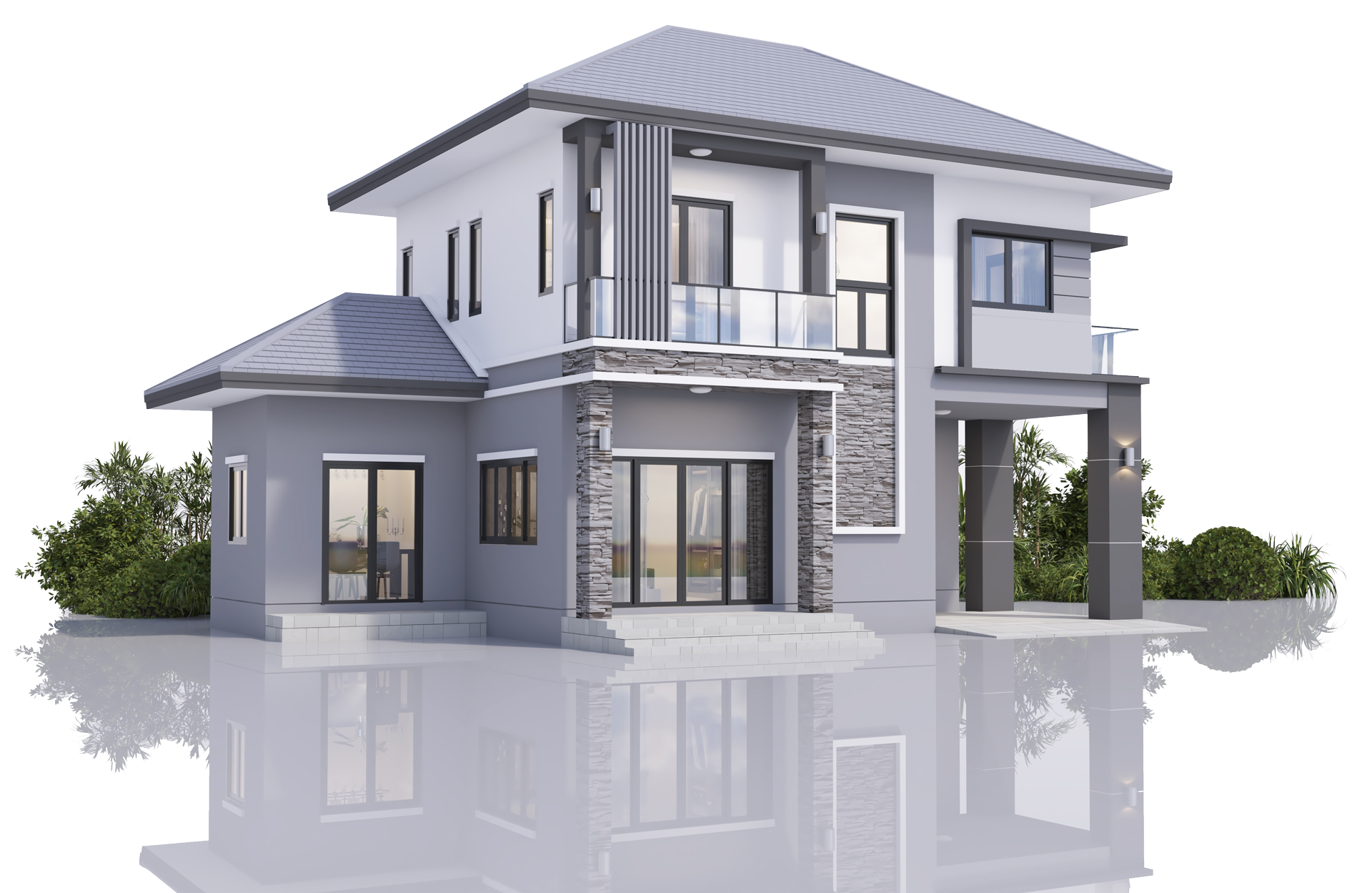 Modern two-story house with gray and white exterior, balcony, and reflecting surface.