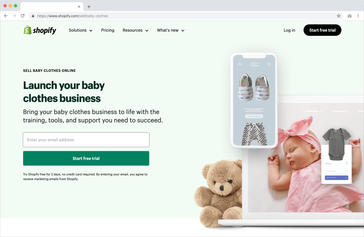 a Shopify website shows a baby and a teddy bear. 