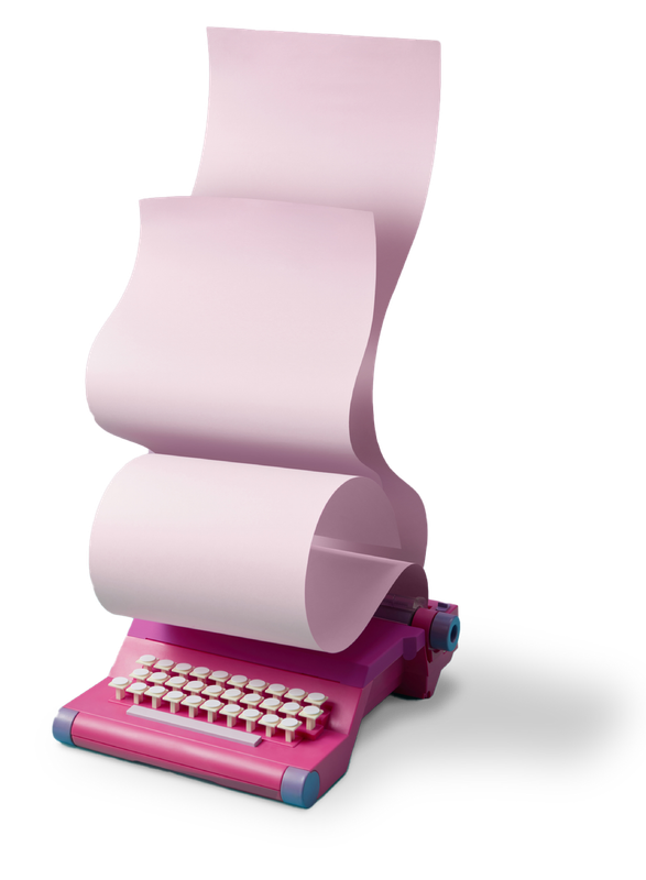 A pink typewriter with curved pink paper emerging from the top. 