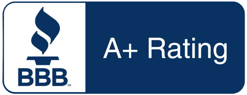 BBB A+ Rating logo: white and blue, flame icon, 