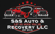 Logo for S&S Auto & Recovery LLC: Two red tow trucks with chains and hook; text below.